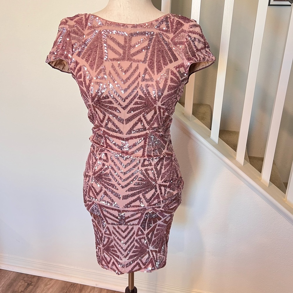 Dress the Population pink sequin body con mini dress cap sleeve size small